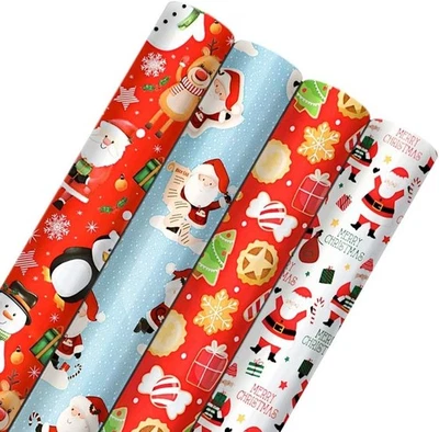 KARRMA LTD 4 x 7M Cute Christmas Wrapping Paper Rolls Premium Xmas Gift Wrap Festive Santa
