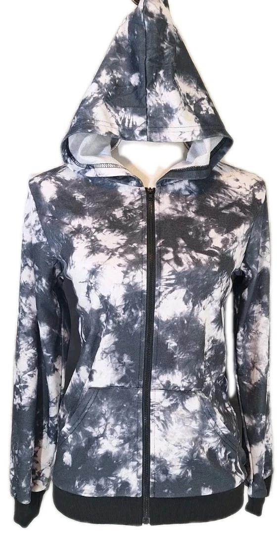 NWOT BOYOO S/M B&W Tie-Dye Full Zip French Terry Hoodie Sweatshirt Rib Cuff Pkts