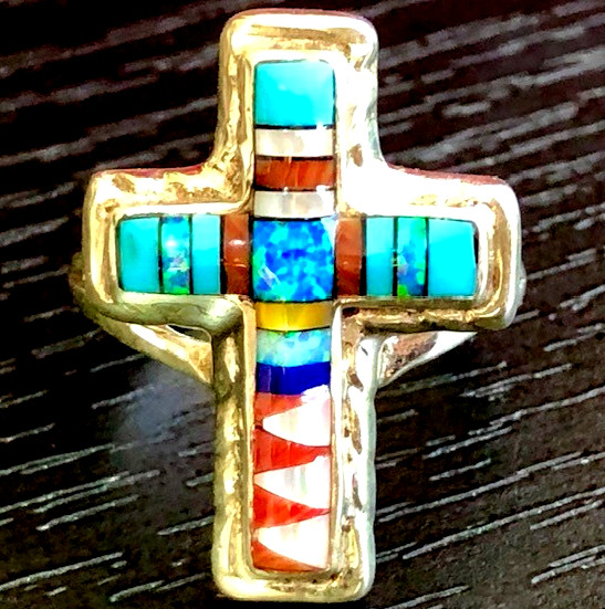 SUPERB Native American Cross Ring Opal Inlaid Ste… - image 1