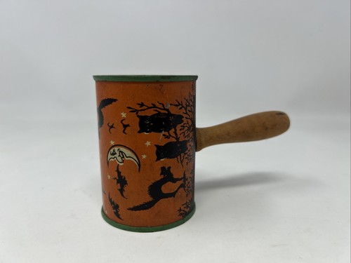 Vintage Tin Litho Witch Cat Owl Halloween Noisemaker Cylinder Toy- T Cohn Inc