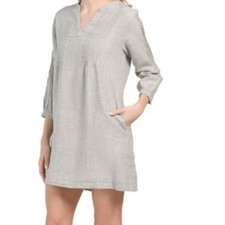 Tahari Luxe Linen Tunic Dress 100% Linen Neutral Minimalist Size M gray