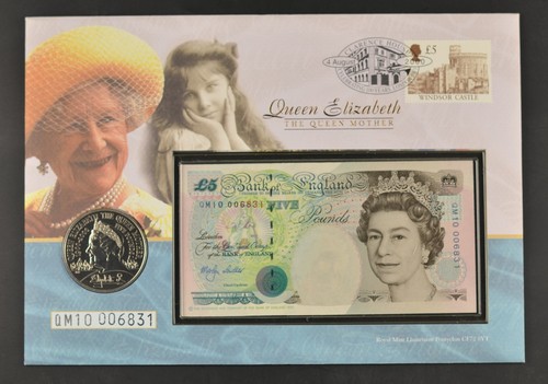 C152 2000 QUEEN MOTHER B/UNC £5 BANKNOTE CROWN SET QM10 Coin Cover B380 - Bild 2 von 4