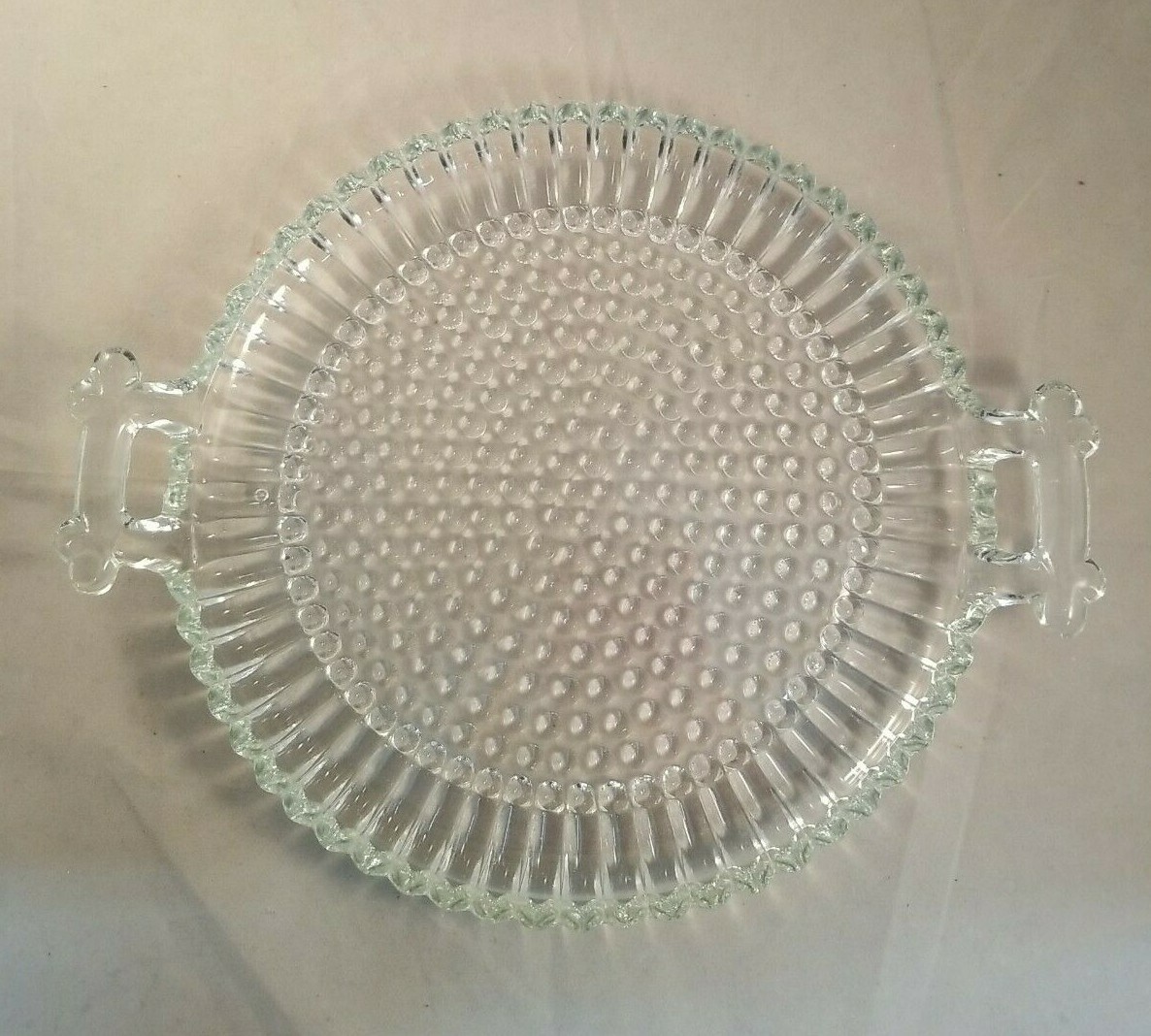 EUC Antique Vintage Jeanette Hobnail Clear Glass Round Plate with Handles 8" 