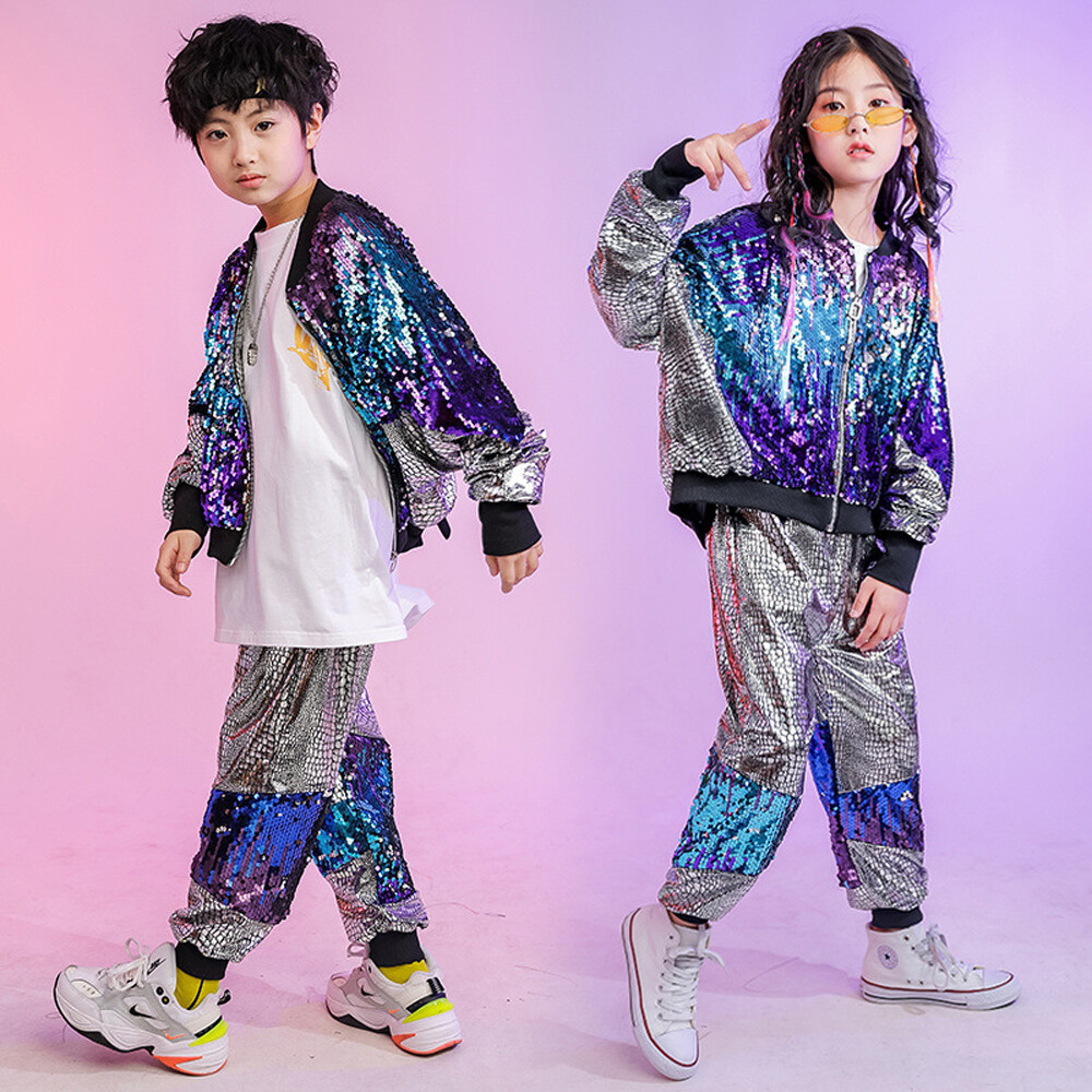 FEESHOW Kinder Trainingsanzug Mit Glitzer – Hip Hop & Tanz Outfit Für Mädchen & Jungen | Metallic T-Shirt & Hose Set Für Auftritte & Partys
