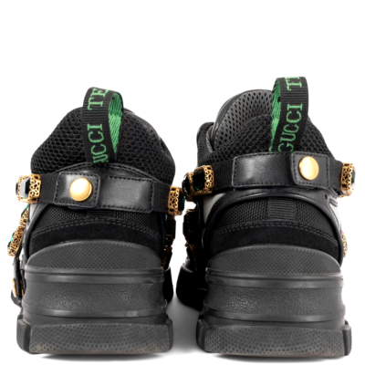 68996 auth GUCCI black leather & mesh 2018 FLASHTREK CRYSTAL