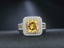 Cushion Cut Yellow Citrine  White CZ 3.10 CT Beautiful Ring IN Solid 935 Silver