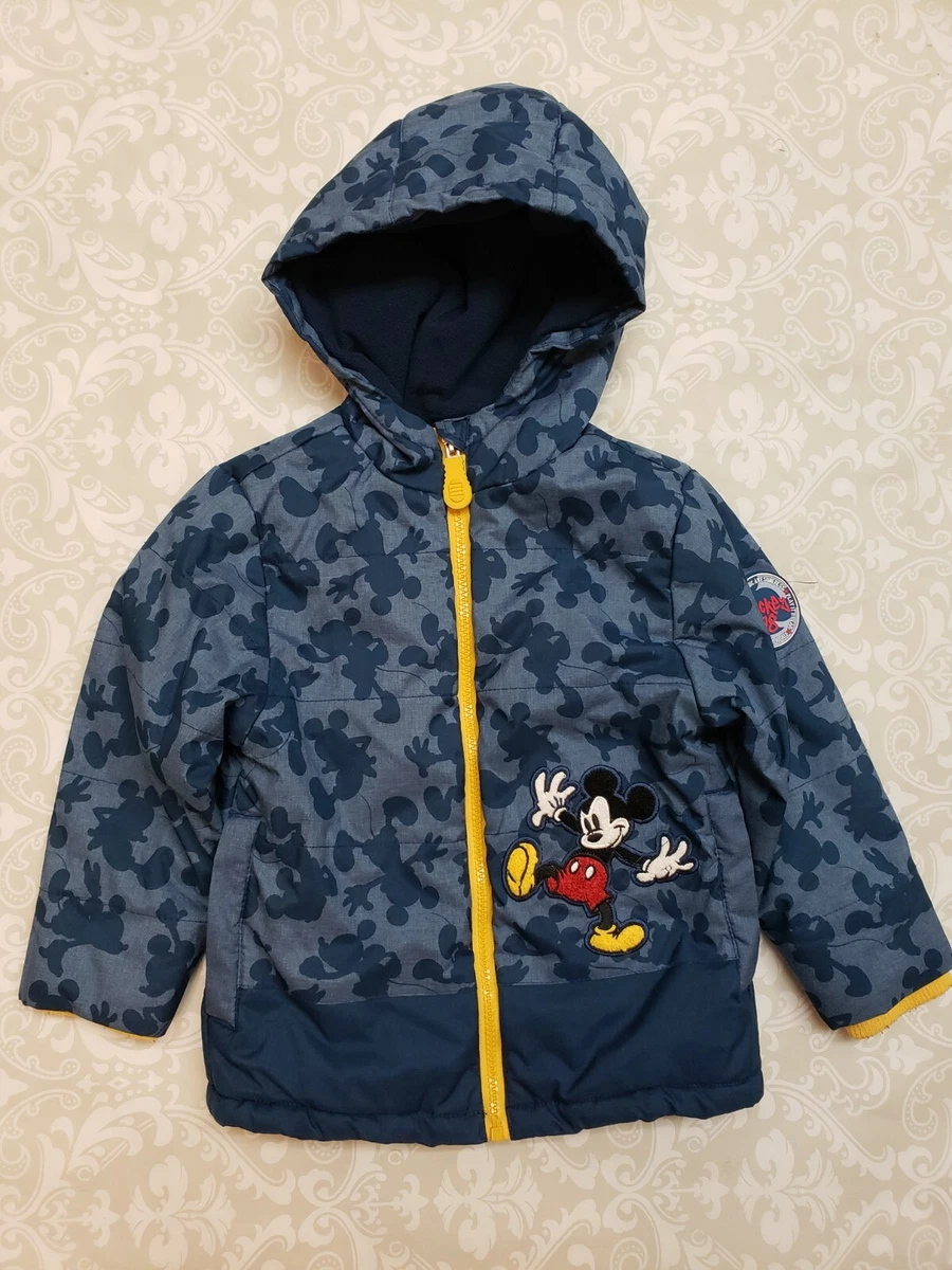 Disney 3 3T Boy Mickey Mouse Applique Blue Fleece Lined Hooded Jacket Coat