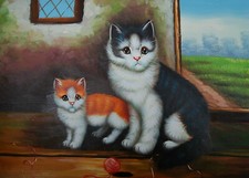 Tableau & Peinture Huile sur toile fait à main: Animaux, Chat et Chaton 30X40cm