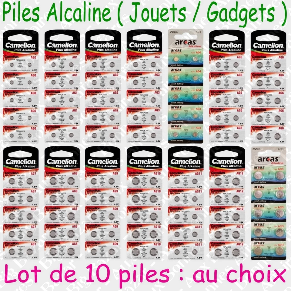 Lot de 10 piles boutons 1,5V Camelion AG13 AG12 AG11 AG10 AG9 AG8 AG7 AG6 … AG0