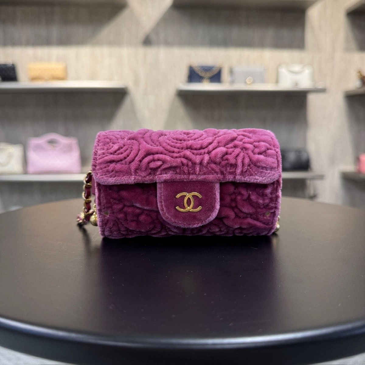 Chanel Velvet Camellia Embossed Jewel Belt Card Holder With Chain Pink