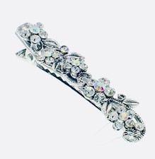 Vintage Flower Hair Clip Clamp Alligator Pelican Beak Rhinestone Crystal Silver