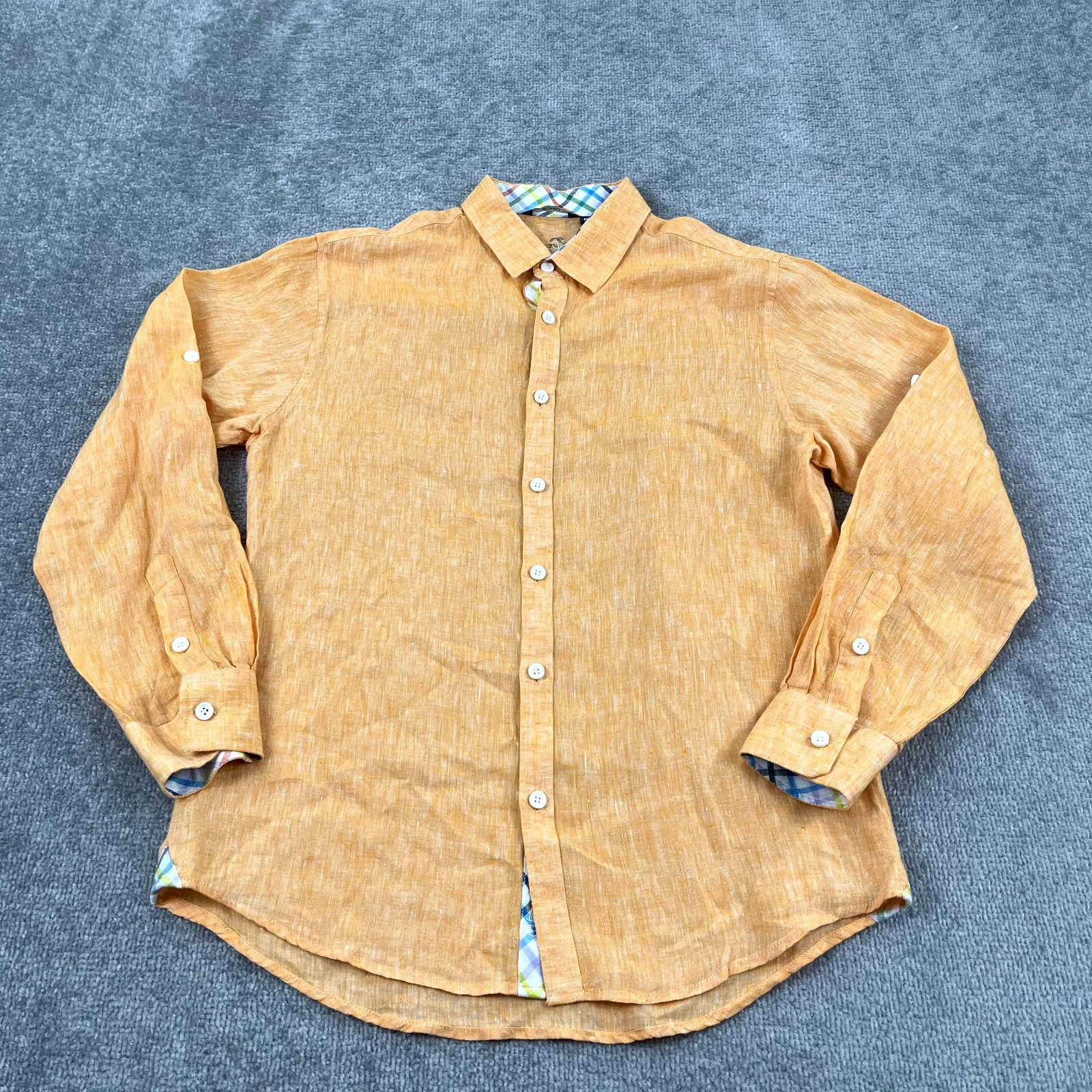 BOHIO Shirt Men Medium Bright Orange Button Up Long Sleeve Roll Tab Summer Beach