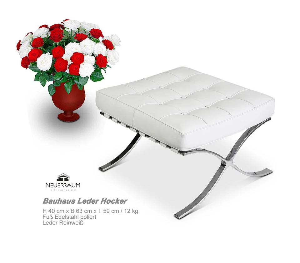 Pouf Footstool Bauhaus En Cuir Véritable Blanc X-Shape, Acier Inoxydable Poli - Photo 4/4