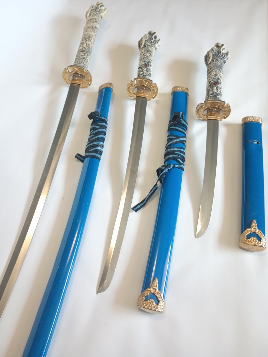 Set of 3 Dragon Handle Ceremonial Japanese Samurai Swords Blue