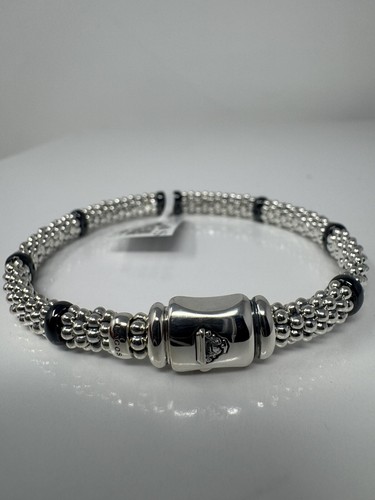 Lagos Black Caviar Single Station Silver/.05 Diamond Ceramic Bracelet 6mm-Med 7” - Picture 7 of 9
