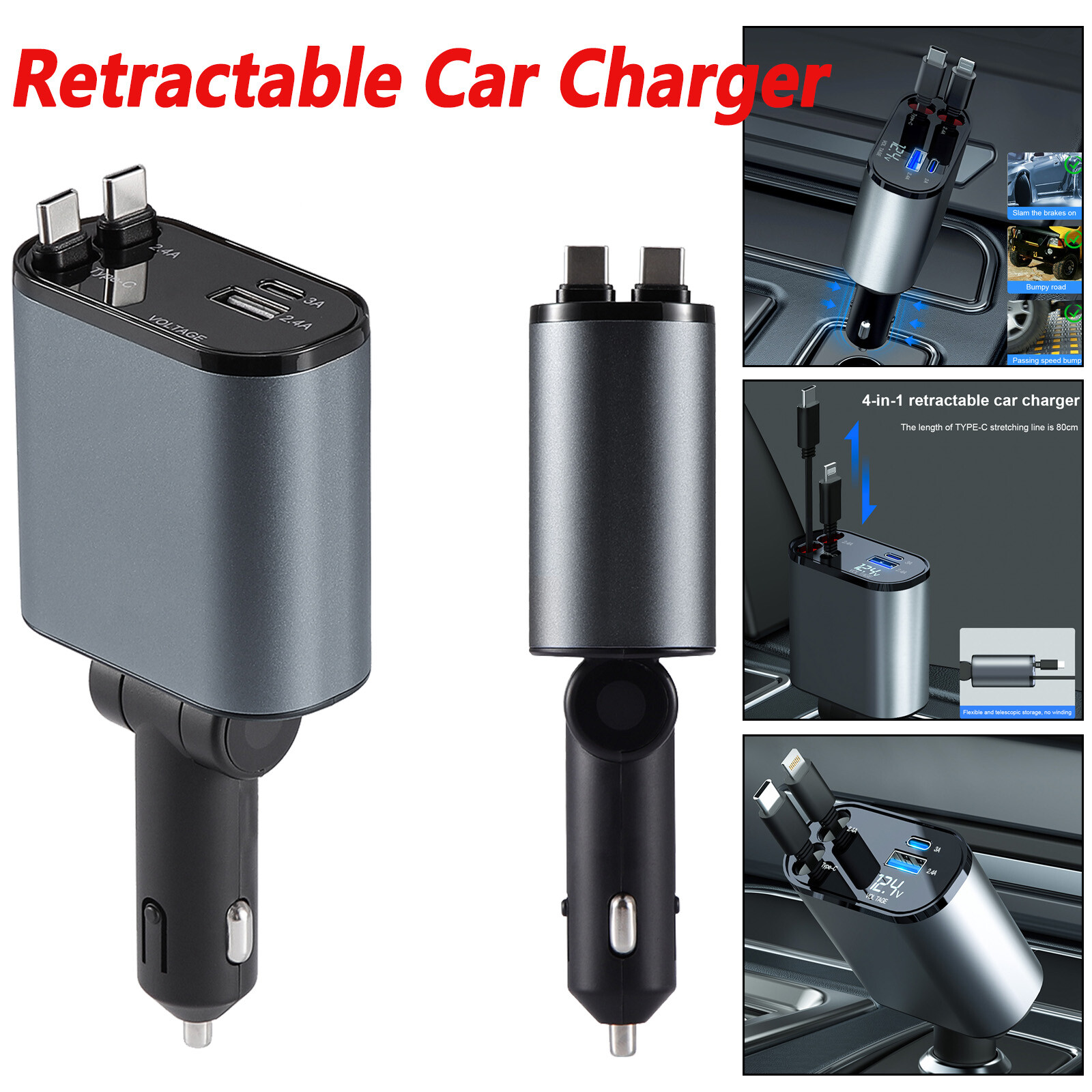4-in-1 Retractable USB-C Car Charger with Dual Port PD Fast Charging