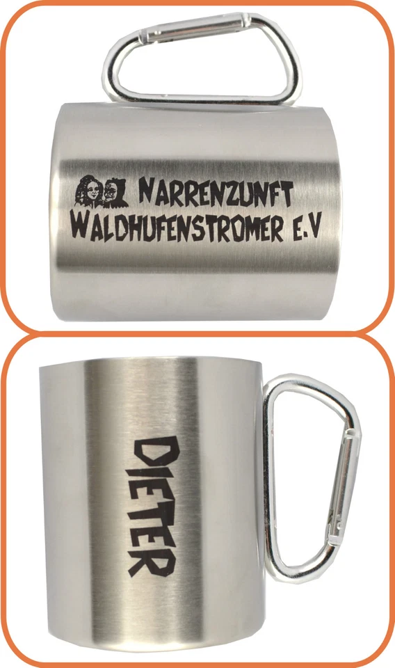 Edelstahlbecher mit Karabinerhaken graviert Narren Isolierbecher mit Gravur 0,3l