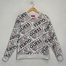 Guess White All Over Print Logo Sweatshirt Medium