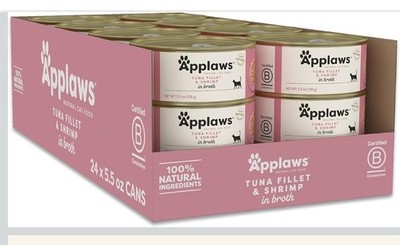 Applaws Natural Wet Cat Food 24 Ct Tuna Fillet & Shrimp in Broth 5.5oz Exp 2028
