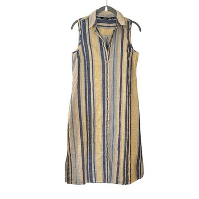 Mlle Gabrielle Shirt Dress Striped Button Front Shift Sleeveless Blue Tan Coast