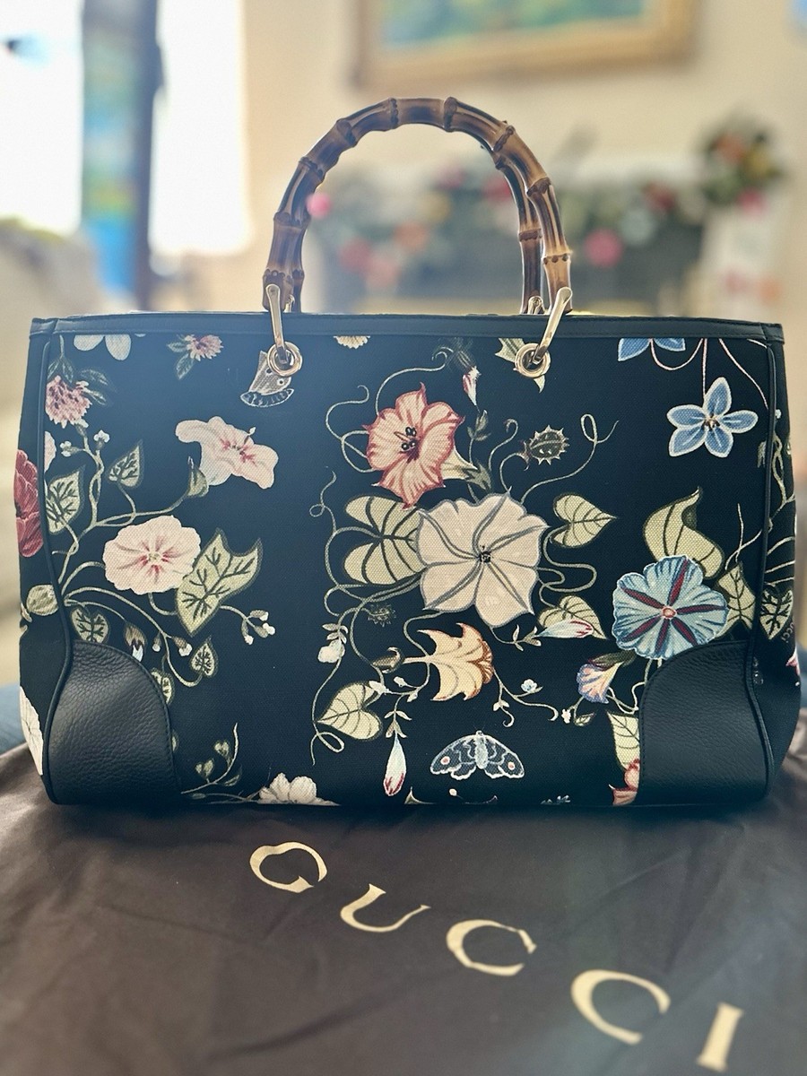 Gucci Black Flora Bamboo Shopper Handbag Kris Knight Medium Canvas