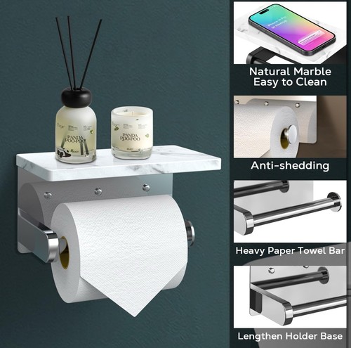 Marble Toilet Paper Holder, Chrome Toilet Paper Roll Tissue Holder Wall Mount wi - Picture 4 of 12