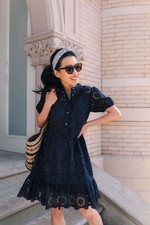 J Crew Puff Sleeve Eyelet Mini Sun Dress Sz 18 / 2X Navy Blue A Line Ruffle Hem