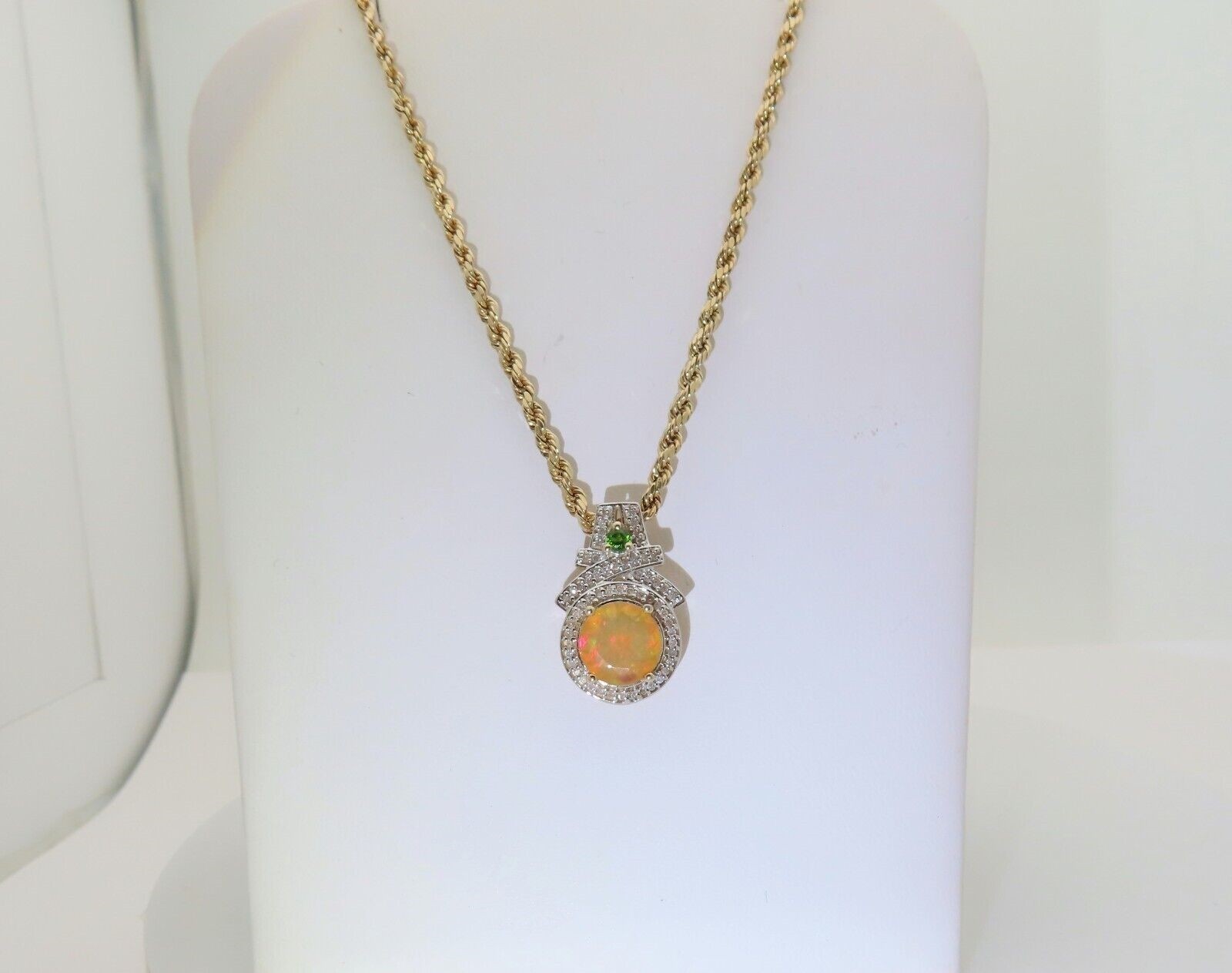 Opal Diamond Necklace Solid Gold Emerald Orange L… - image 9