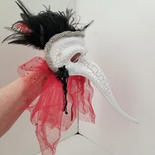 ADULT Venetian White Crackle Black Feathers Red Tulle Rhinestone  Beak Mask