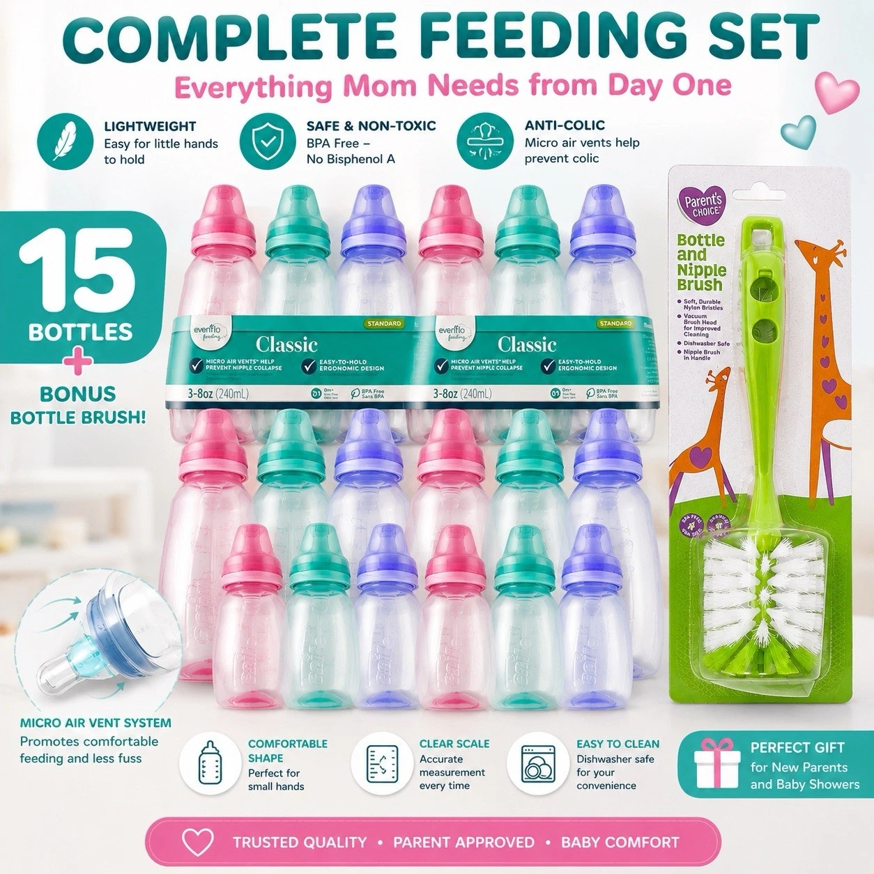 15 Evenflo Classic Baby Bottles 8oz 240ml + Bottle Brush BPA Free New
Opens in a new window or tab