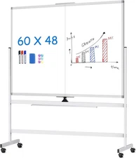 Maxtek 60 X 48 Double Sided Rolling Whiteboard, Mobile Whiteboard Magnetic White