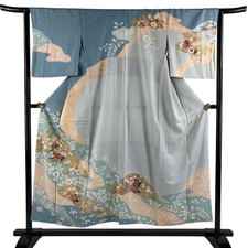 JAPANESE KIMONO HOMONGI LIGHT BLUE 153cm 5 ft 0 in PURE SILK AA9196