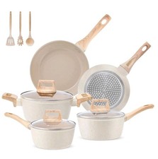 11 Piece Non Stick Ceramic Cookware Set Induction Pots Pans Saucepans Cream