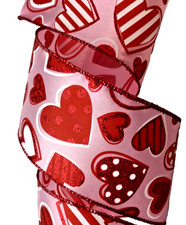 Valentine 2.5" by 3 yards Satin Wired Ribbon Glitter Patterned Red White Hearts