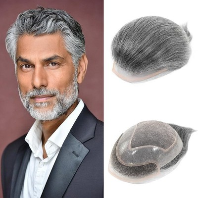Gray Mens Toupee Human Hair Replacement System Lace Front Mono Hair Piece Unit