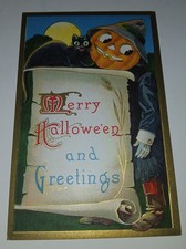1910 Vintage Original Embossed Halloween Postcard  Pumpkin Man & Cat w/Moon
