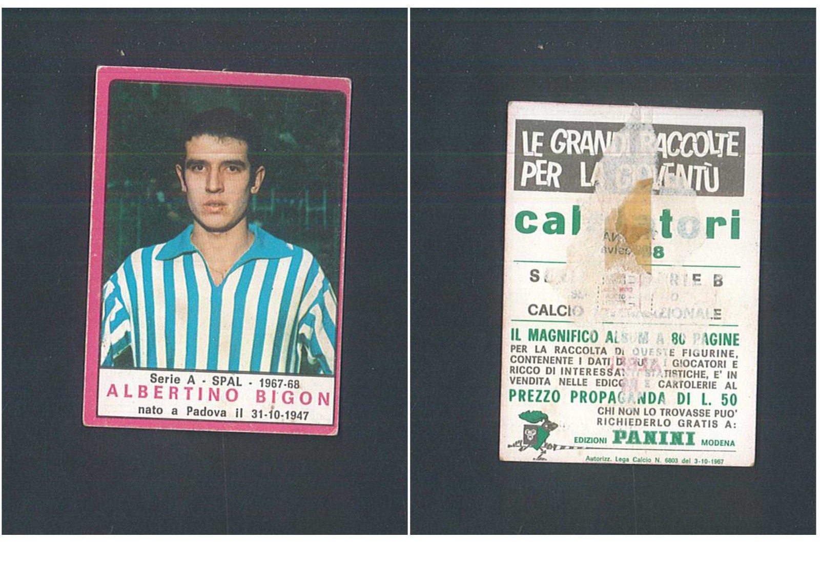 Figurina Calciatori Panini 1967-68 Albertino Bigon (Spal) Ottima Rec. ▓