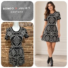 PERFECT Fall Sweater Dress! Black Ivory Fit Flare Knit Brocade Sz M Cotton Blend