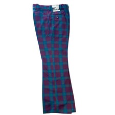 NOS Kings Road Dbl Knit Dress Pants Slacks 36 L Green Plaid Vtg 60/70's Flare TR