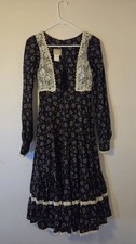 Gunne Sax by Jessica Black Floral Fit Flare Ivory Lace Long Sleeve Dress Sz 9
