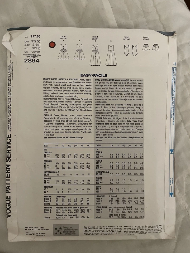 🌷Vogue Sewing Pattern DKNY 2894 Size 8 10 12 Misses Shorts Top Bodysuit UC FF - Image 4 of 4