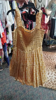 NWT FREE PEOPLE Sweet Annie Smocked Mini Dress Mustard XS Block Print  Floral | eBay