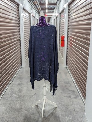 Lane Bryant Navy Blue Plus O/S Knit Crochet Ruana Sweater Fringe Boho Western