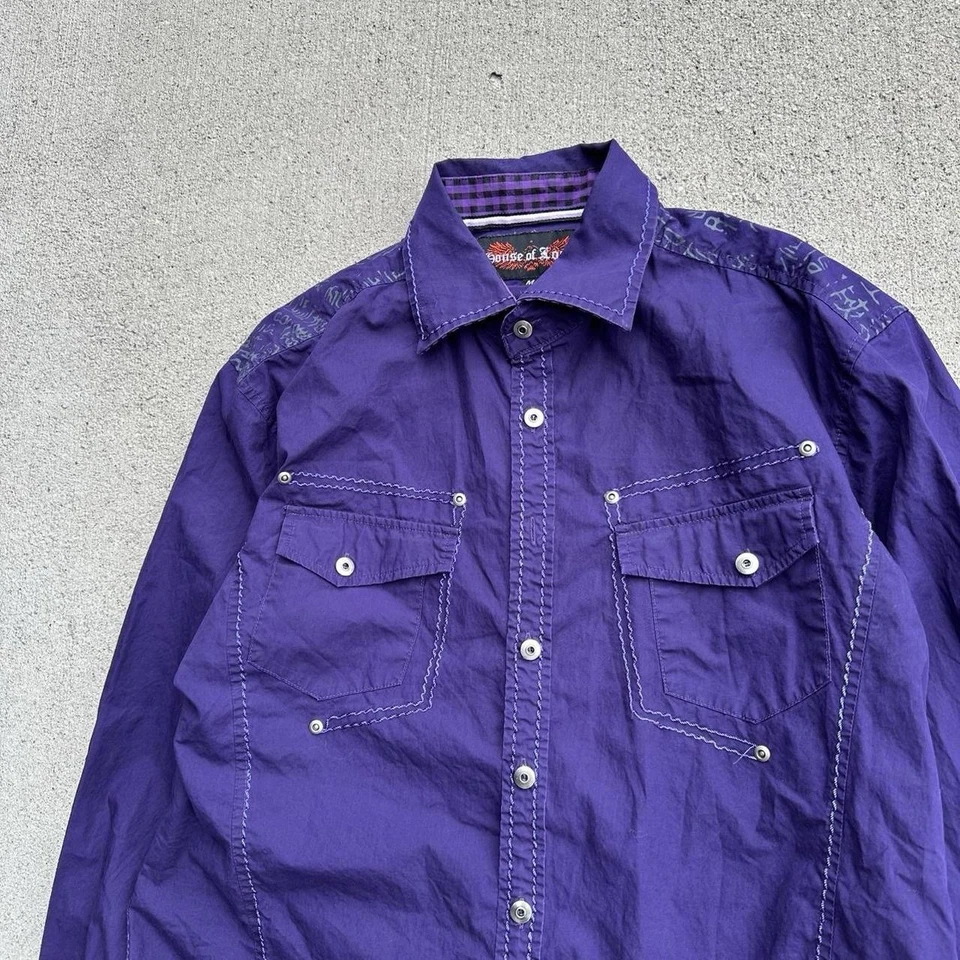 Y2K House Of Lords Grunge Emo 长袖纽扣衬衫交叉尺寸 S 紫色 — 第 2/4 张图片