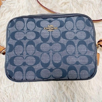 ショルダーバッグ COACH Denim Camera Bag Blue Leather Coach Denim Signature Mini Camera Bag Blue Indigo Leather