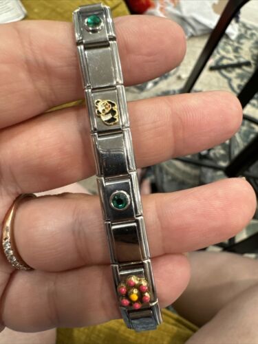 Pulsera Tono Plata Sinfonía 900AR Flor Panda Verde Piedra Elástica #11 - Imagen 3 de 7