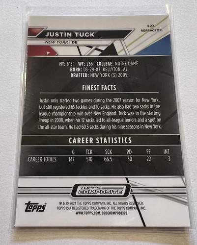 2023 Topps Composite Football Justin Tuck #223 Topps Finest Refractor Giants - Picture 2 of 5