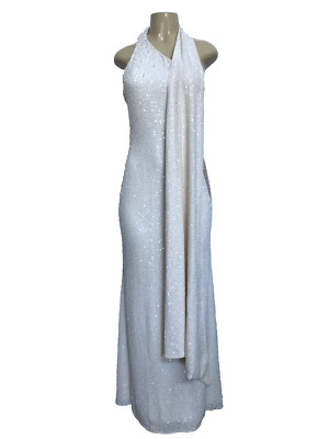 Mark Zunino One Shoulder Gown Maxi Dress Beaded Sleeveless Sheath Sequin Shawl S
