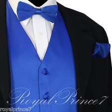 ROYAL Blue Solid Tuxedo Dress Vest Waistcoat and Straight Cut Bow tie Hanky