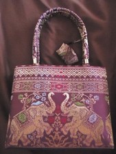 Vintage Handbag Thai Silk Style Elephant Zip Handmade Tote Shoulder Pink Gold